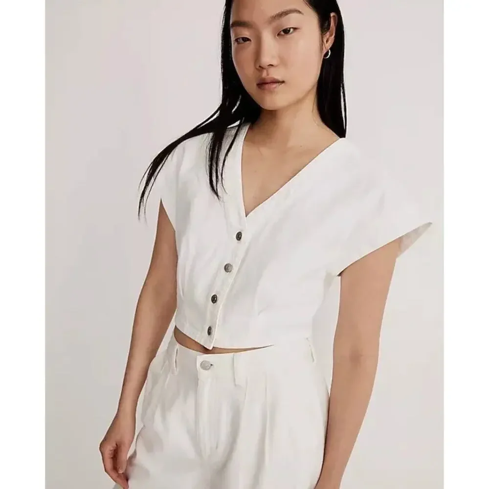 Madewell White Cropped V-Neck Button Front Top - Picture 1 of 7